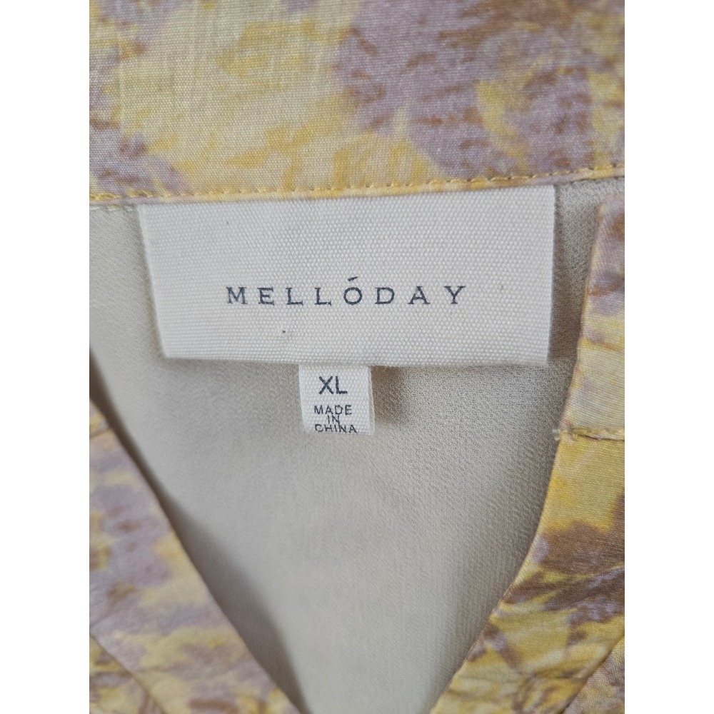Melloday Yellow Floral V-Neck Blouse Top XL Cottegecore Boho Lagenlook Fairy - Picture 3 of 8
